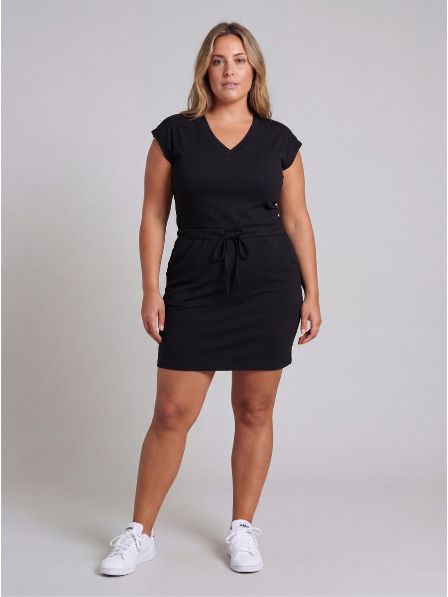 Essential Curvy Ribbed Knit V Neck Drawstring Waist Pocket Knee Length Dress