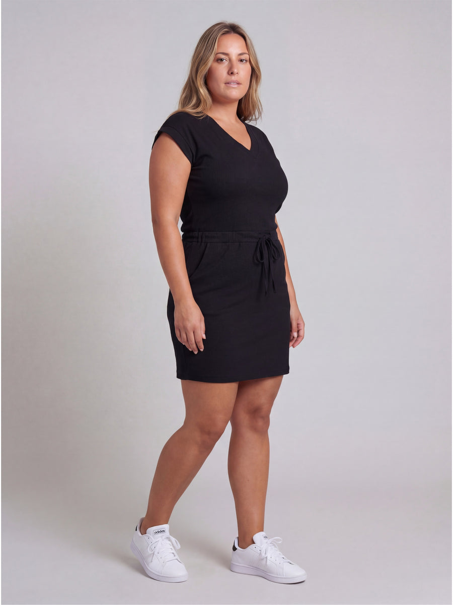 Essential Curvy Ribbed Knit V Neck Drawstring Waist Pocket Knee Length Dress