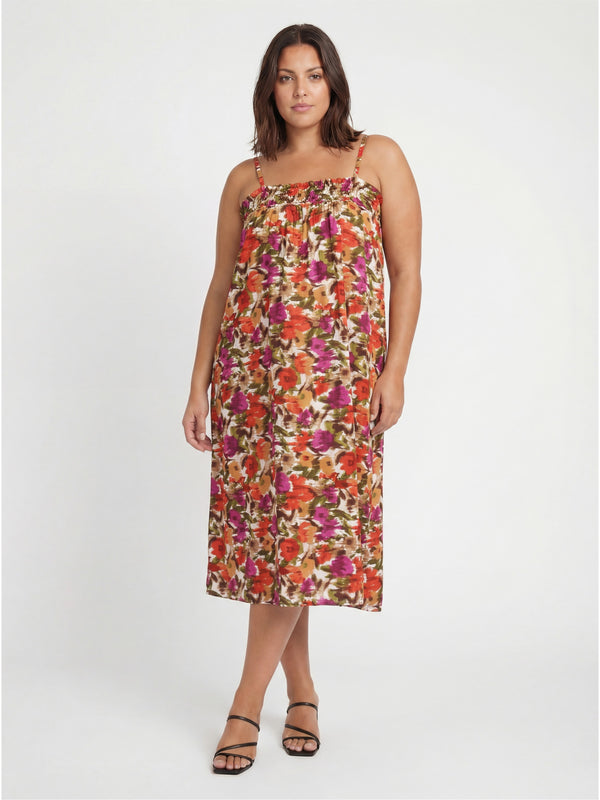 Essential Curvy Abstract Print Spaghetti Strap Smocked Pocket A Line Maxi Dress