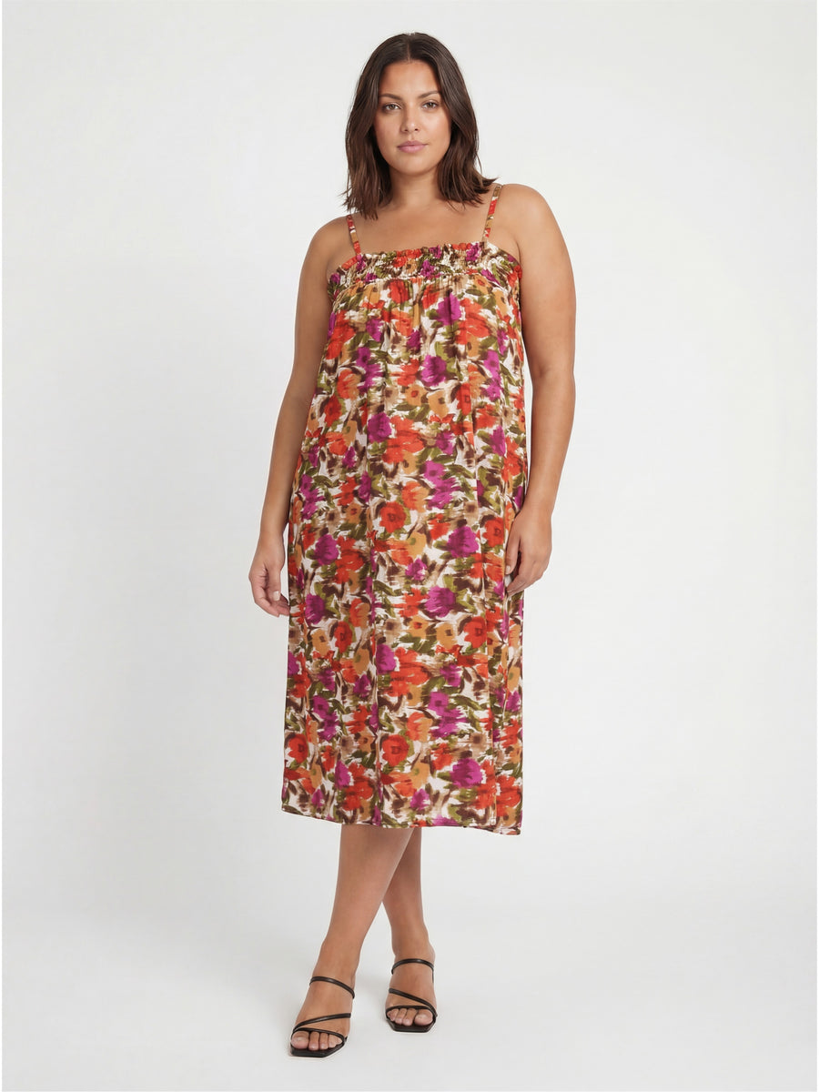 Essential Curvy Abstract Print Spaghetti Strap Smocked Pocket A Line Maxi Dress