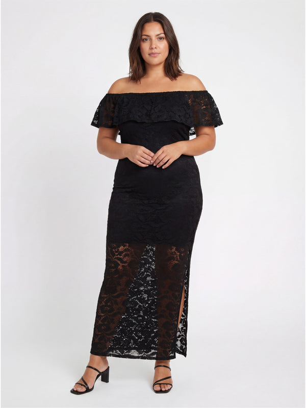 Elevate Curvy Lace Off the Shoulder Side Slit Bodycon Maxi Dress