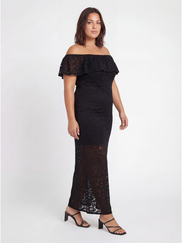 Elevate Curvy Lace Off the Shoulder Side Slit Bodycon Maxi Dress