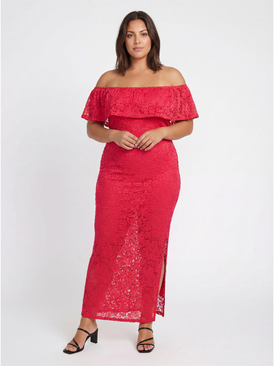 Elevate Curvy Lace Off the Shoulder Side Slit Bodycon Maxi Dress