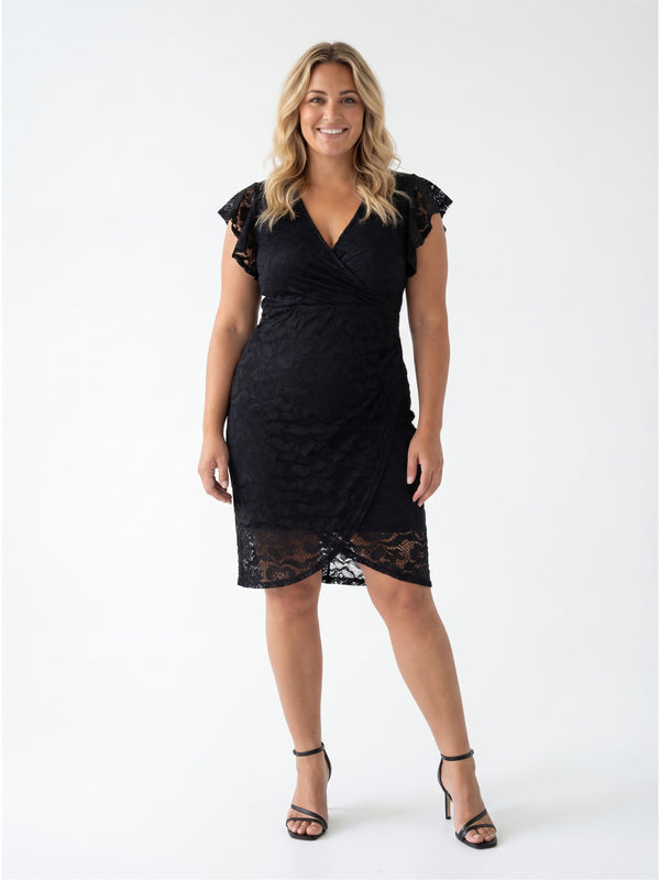 Elevate Curvy Lace V Neck Flutter Sleeve Faux Wrap Midi Dress
