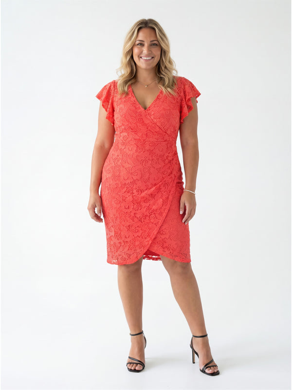 Elevate Curvy Lace V Neck Flutter Sleeve Faux Wrap Midi Dress