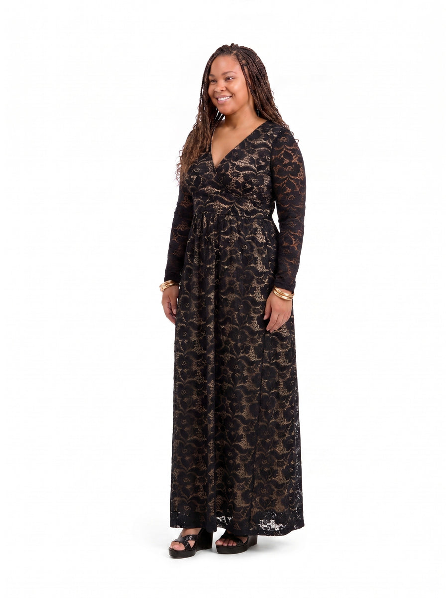 24seven Comfort Elevate Curvy Elegant V Neck Long Sleeve Floral Lace Dress