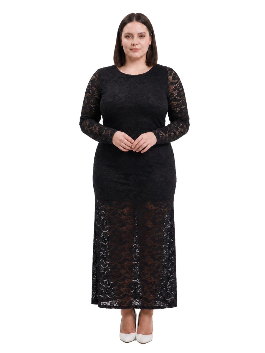 24seven Comfort Elevate Curvy Round Neck Long Sleeve Lace Maxi Dress