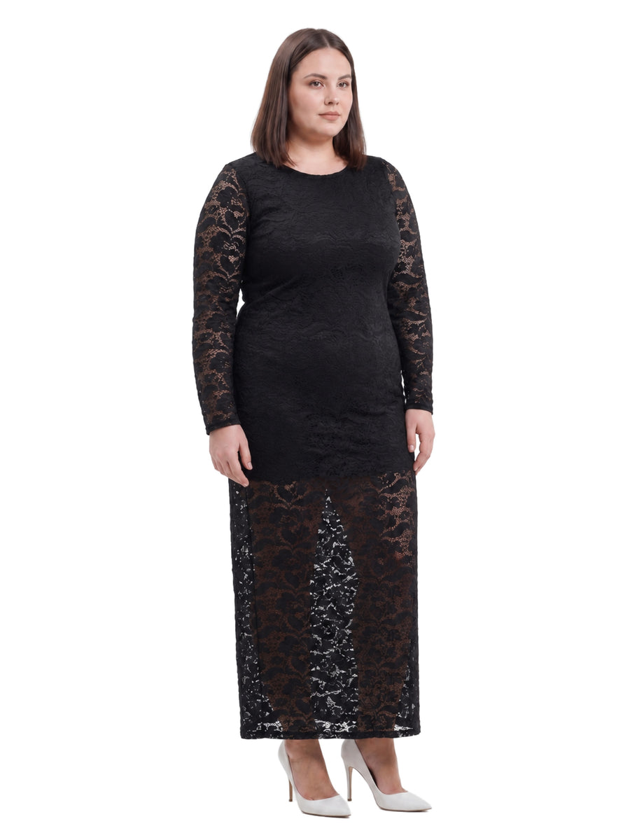 24seven Comfort Elevate Curvy Round Neck Long Sleeve Lace Maxi Dress
