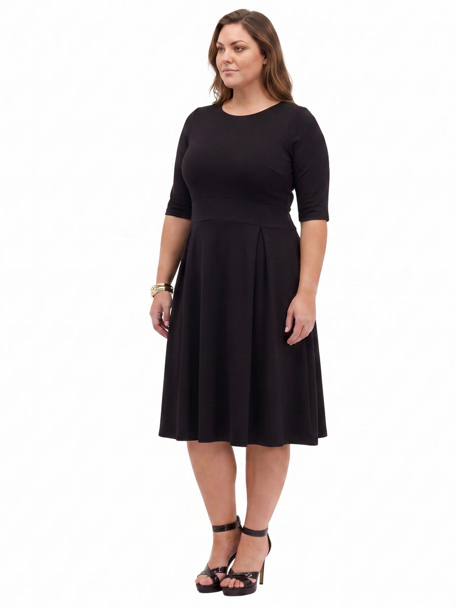 24seven Comfort Essential Curvy Elegant Pleated Three-Quarter Sleeve Midi Dress