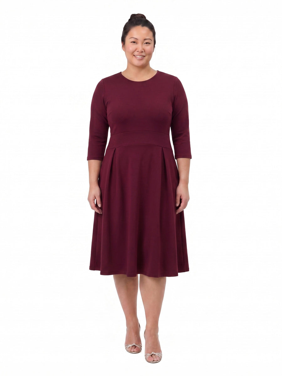 24seven Comfort Essential Curvy Elegant Pleated Three-Quarter Sleeve Midi Dress