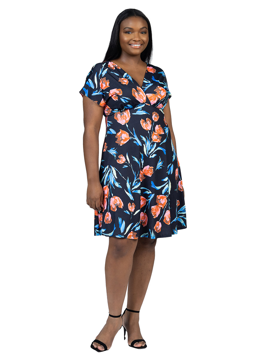 Essential Curvy Tulip V Neck Empire Waist Cap Sleeve Knee Length Dress