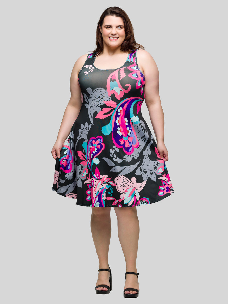 Essential Curvy Paisley Sleeveless Knee Length Tank Swing Dress