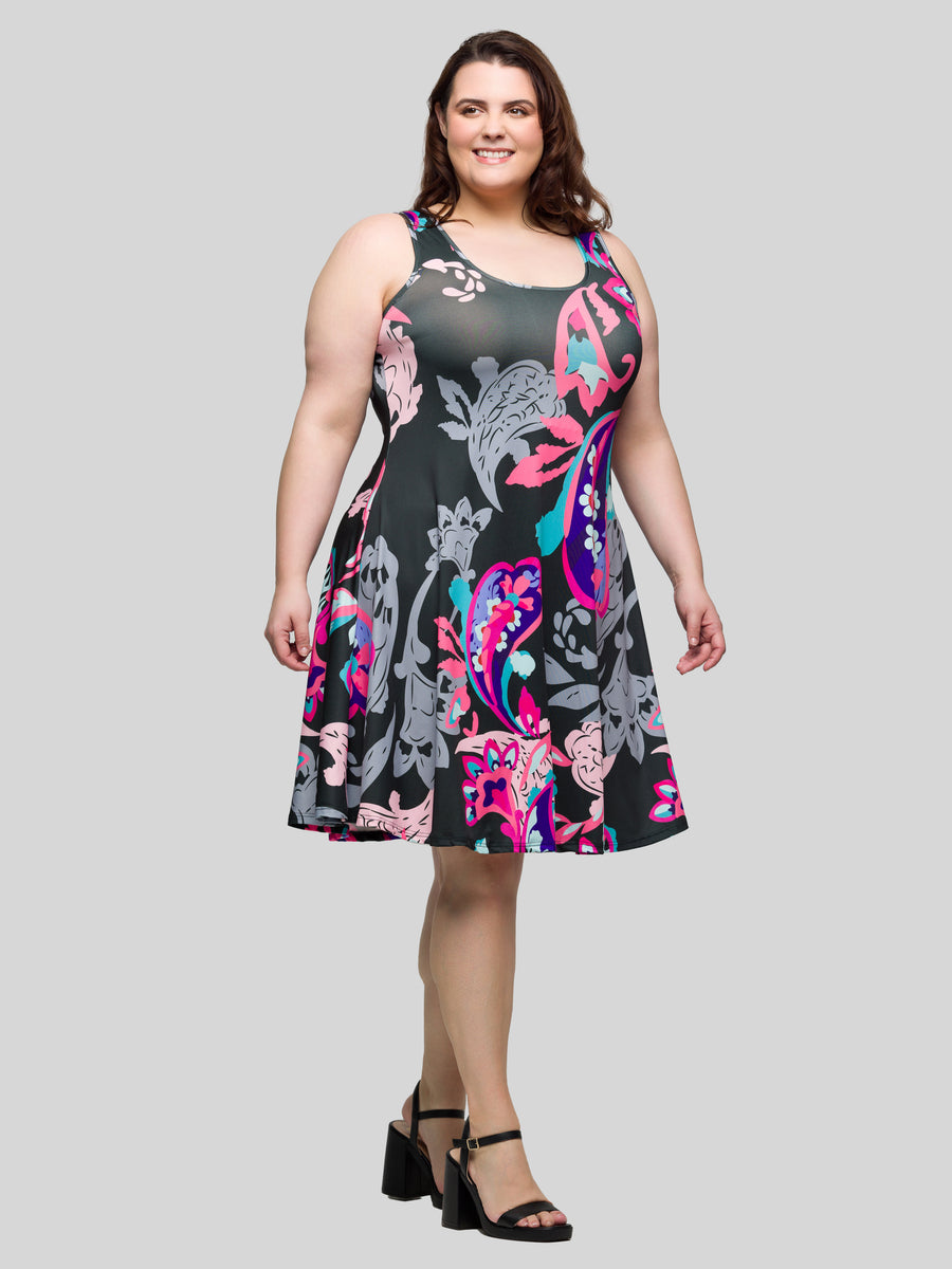 Essential Curvy Paisley Sleeveless Knee Length Tank Swing Dress