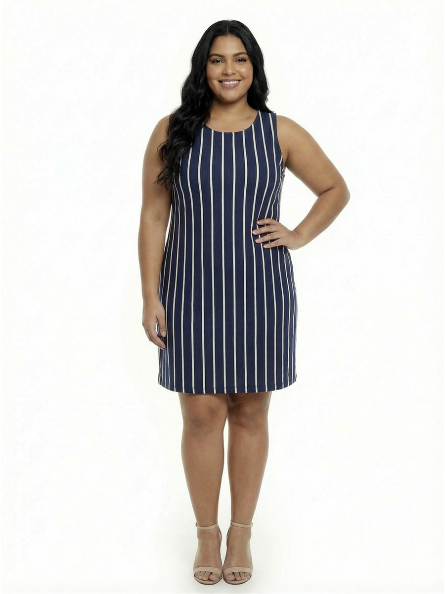 Essential Curvy Striped Round Neck Sleeveless A-Line Mini Shift Dress