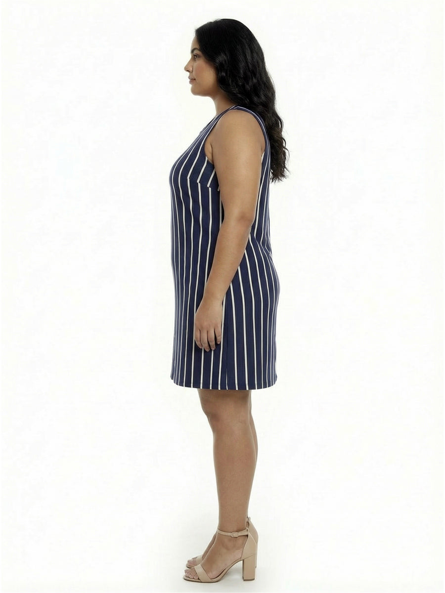 Essential Curvy Striped Round Neck Sleeveless A-Line Mini Shift Dress