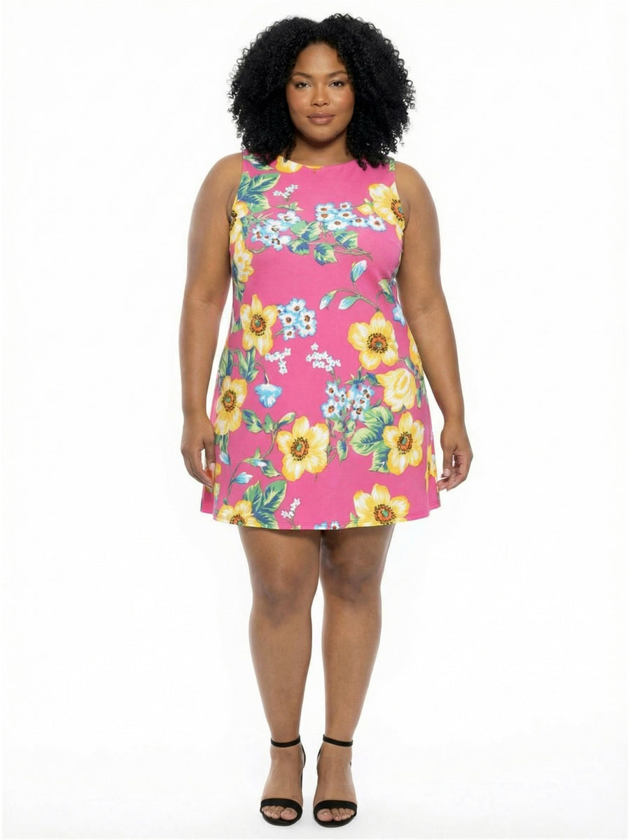 Essential Curvy Floral Round Neck Sleeveless A-Line Mini Shift Dress