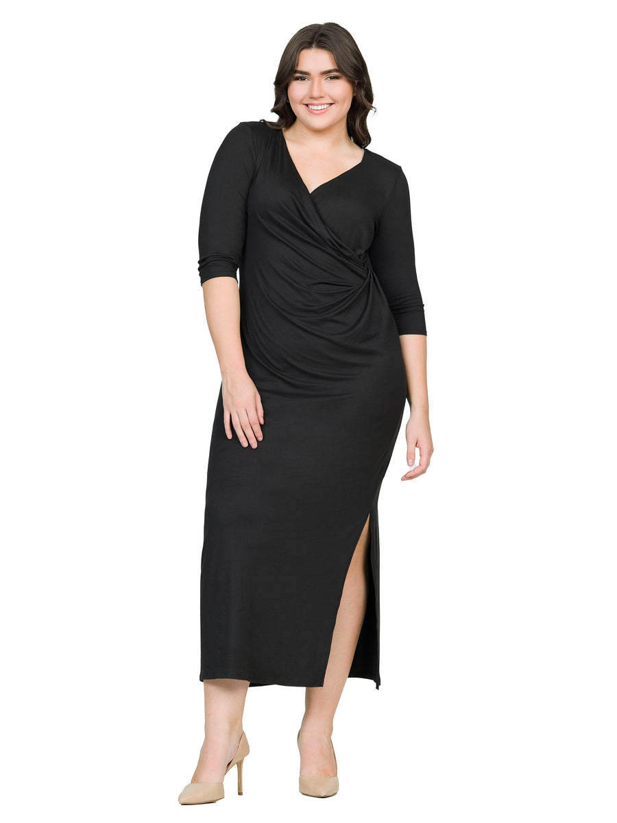 Elevate Curvy Three Quarter Sleeve V Neck Wrap Maxi Dress