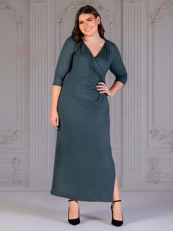 Elevate Curvy Three Quarter Sleeve V Neck Wrap Maxi Dress