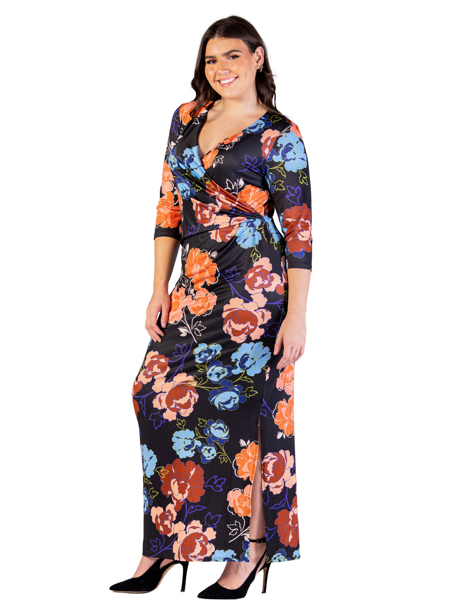 Essential Curvy Floral Three Quarter Sleeve Side Slit Maxi Dress