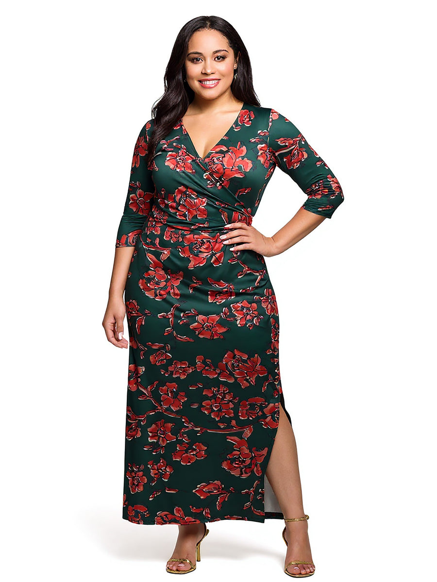 Elevate Curvy Floral Three Quarter Sleeve Side Slit Maxi Dress