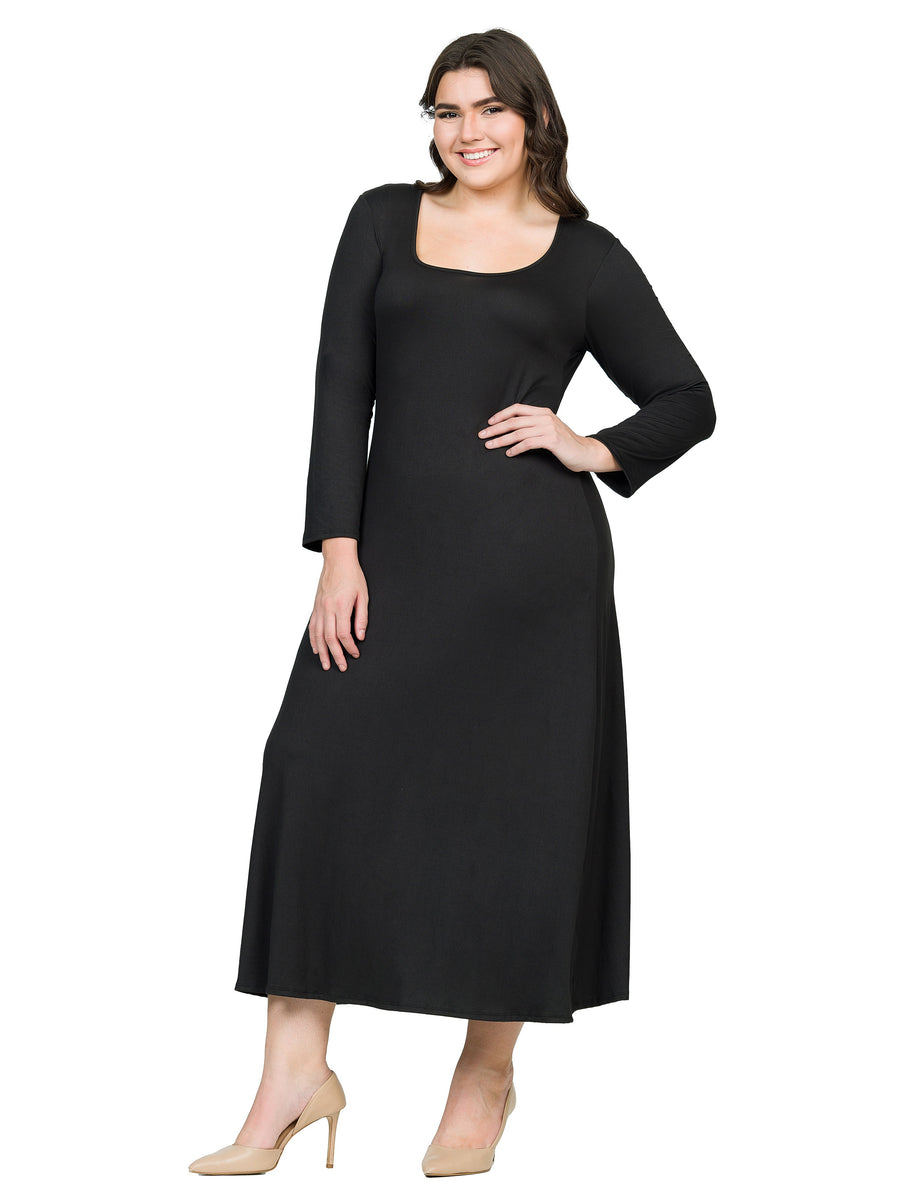 Essential Plus Size Scoop Neck Long Sleeve A Line Maxi Dress