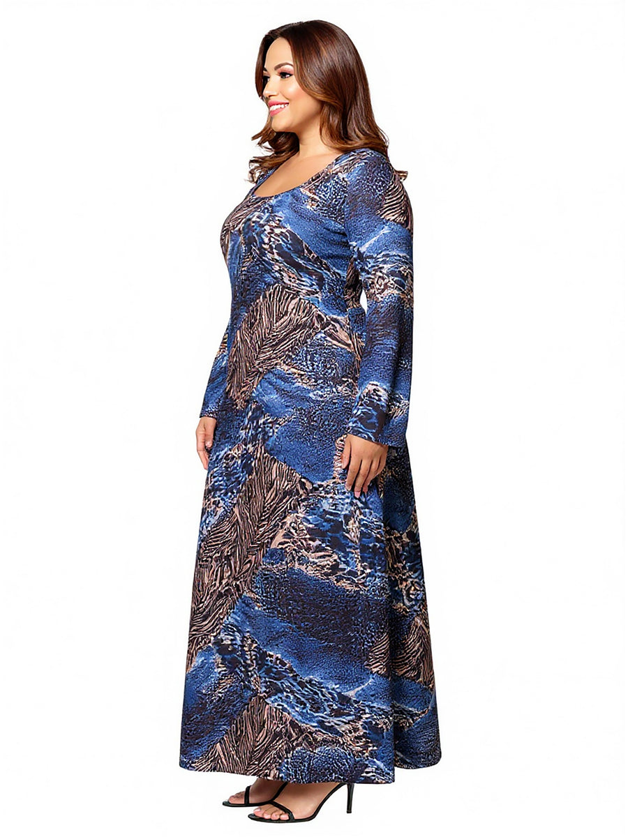 Essential Curvy Animal Long Sleeve Scoop Neck Maxi Dress