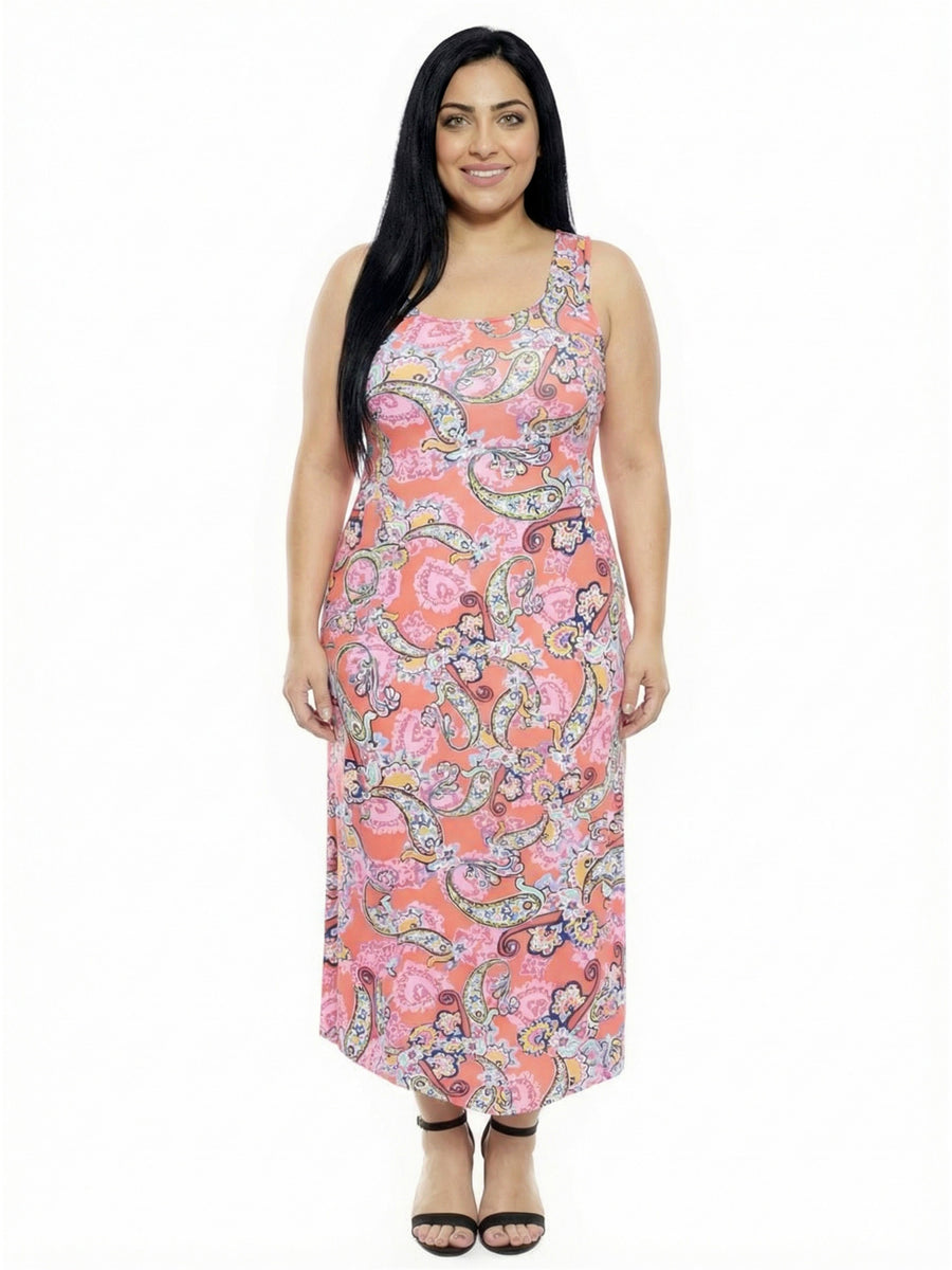 Essential Curvy Paisley Scoop Neck Sleeveless Racerback Tank Maxi Dress