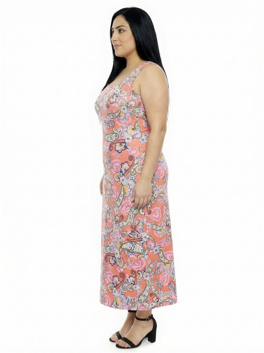 Essential Curvy Paisley Scoop Neck Sleeveless Racerback Tank Maxi Dress