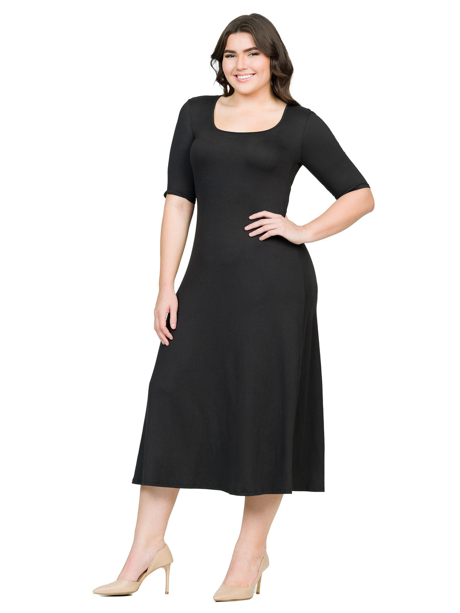Essential Plus Size Scoop Neck Elbow Length Sleeve Maxi Dress