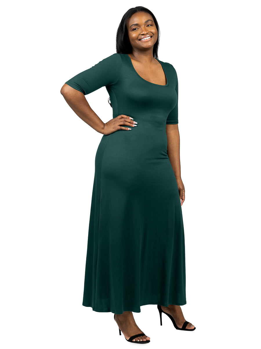 Essential Plus Size Scoop Neck Elbow Length Sleeve Maxi Dress