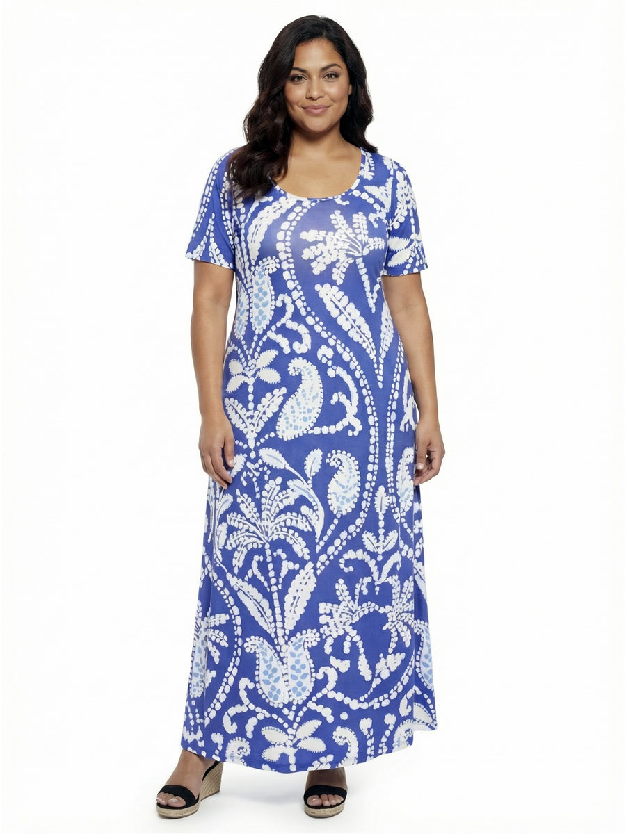 Essential Curvy Paisley Scoop Neck Elbow Sleeve A Line Maxi Dress