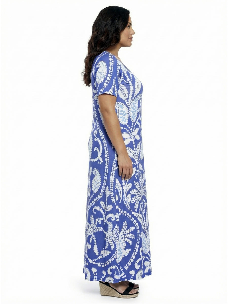 Essential Curvy Paisley Scoop Neck Elbow Sleeve A Line Maxi Dress