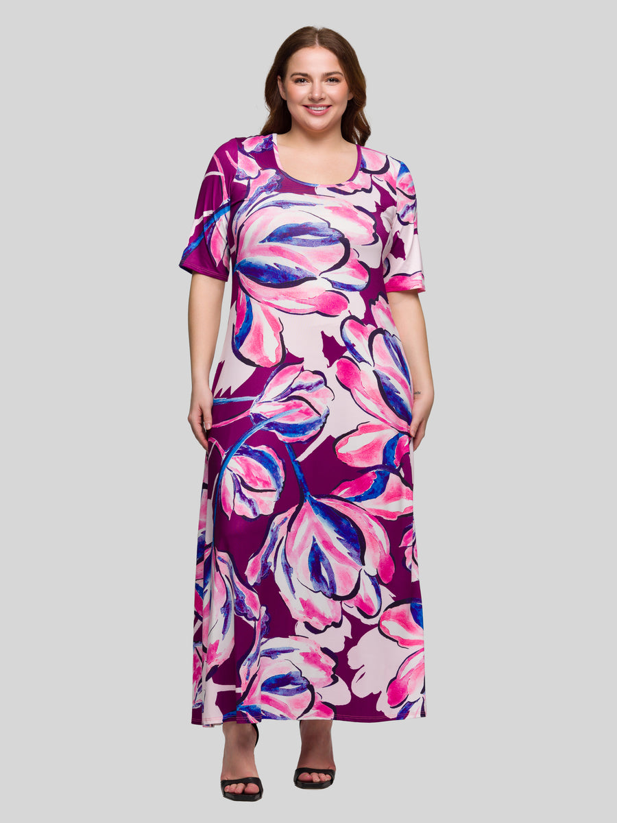 Essential Curvy Floral Elbow Sleeve Casual A Line Maxi Dress