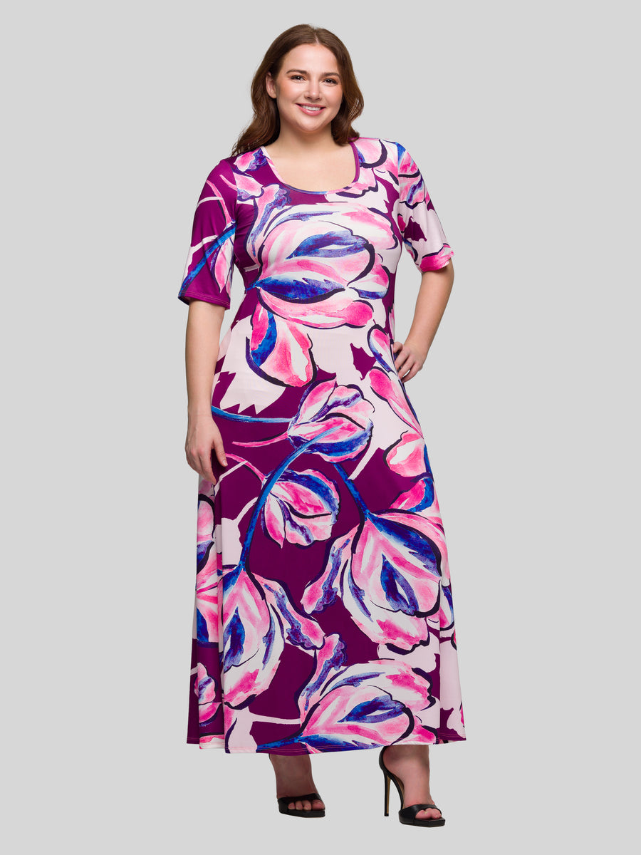 Essential Curvy Floral Elbow Sleeve Casual A Line Maxi Dress