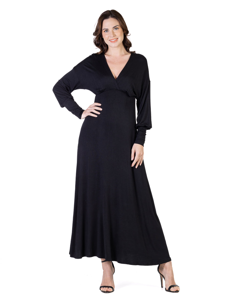 Elevate Plus Size V Neck Long Sleeve A Line Maxi Dress