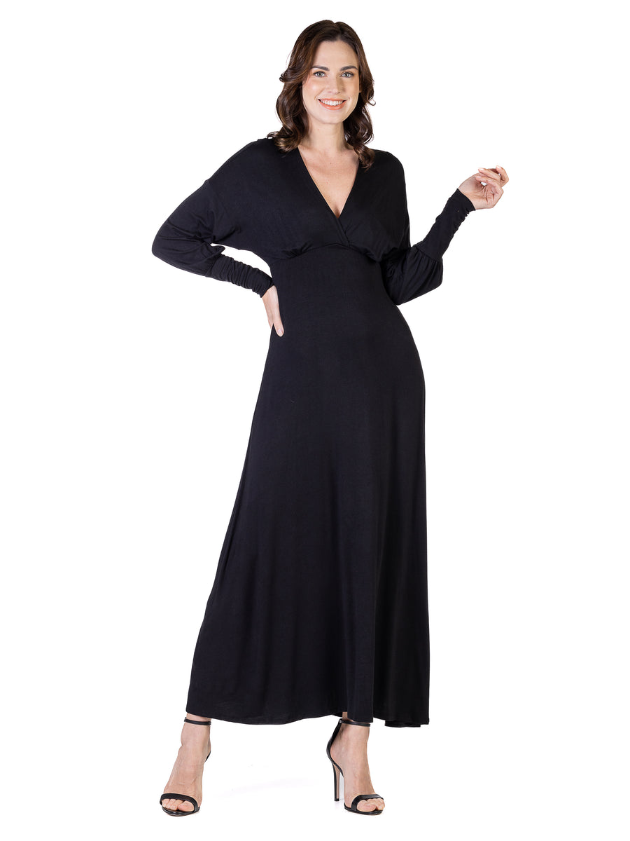 Elevate Plus Size V Neck Long Sleeve A Line Maxi Dress