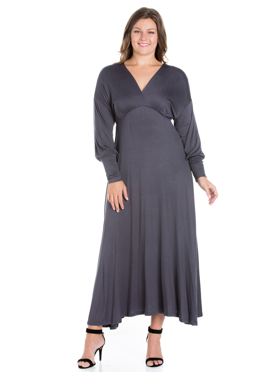 Elevate Plus Size V Neck Long Sleeve A Line Maxi Dress