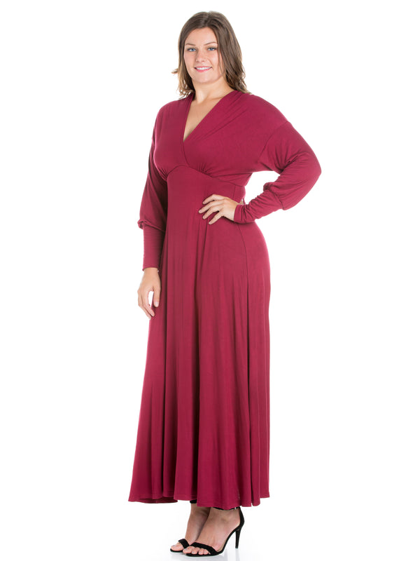 Elevate Plus Size V Neck Long Sleeve A Line Maxi Dress