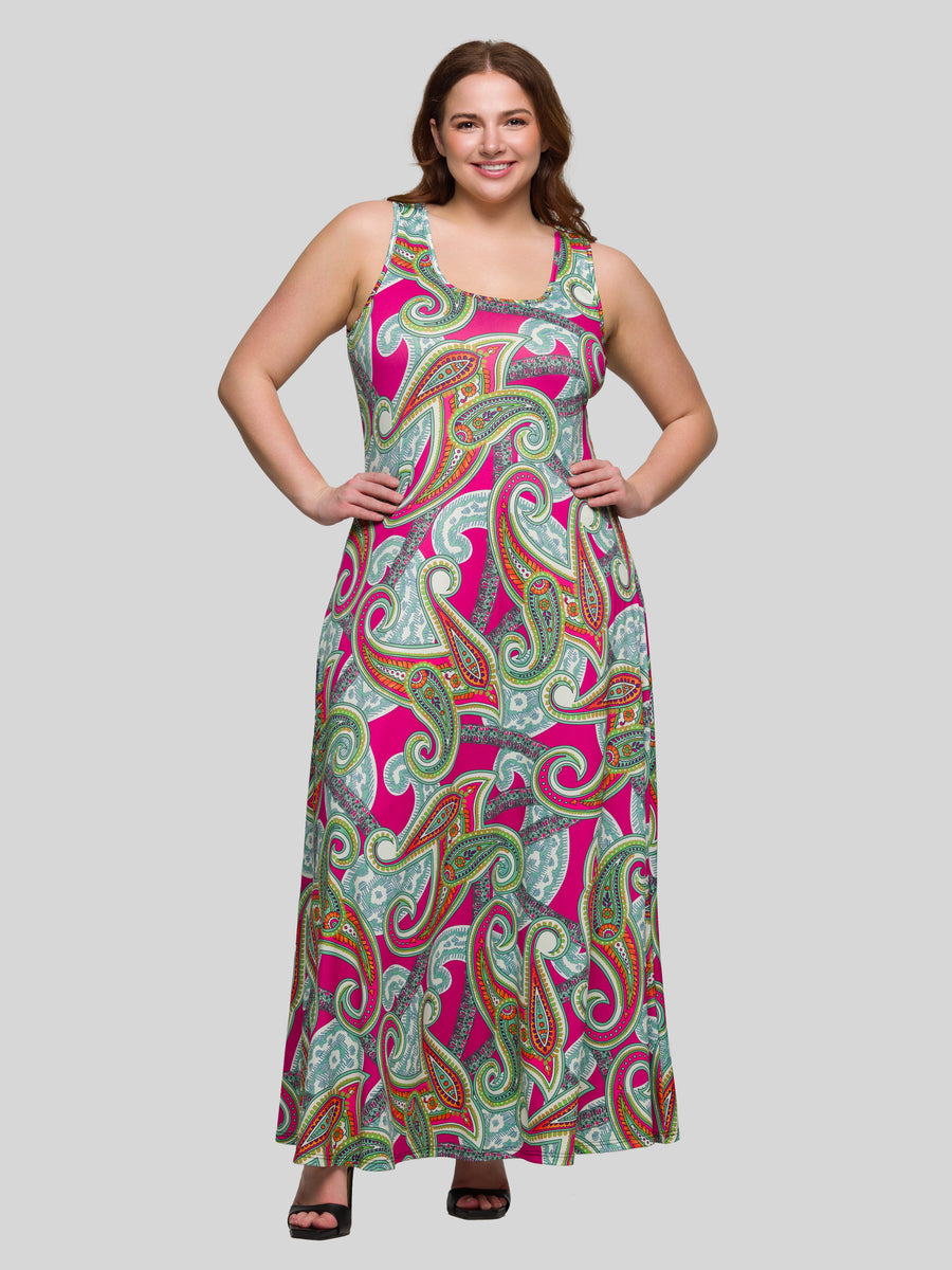Essential Curvy Hot Paisley Scoop Neck A Line Sleeveless Maxi Dress