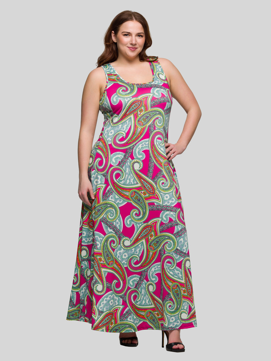 Essential Curvy Hot Paisley Scoop Neck A Line Sleeveless Maxi Dress