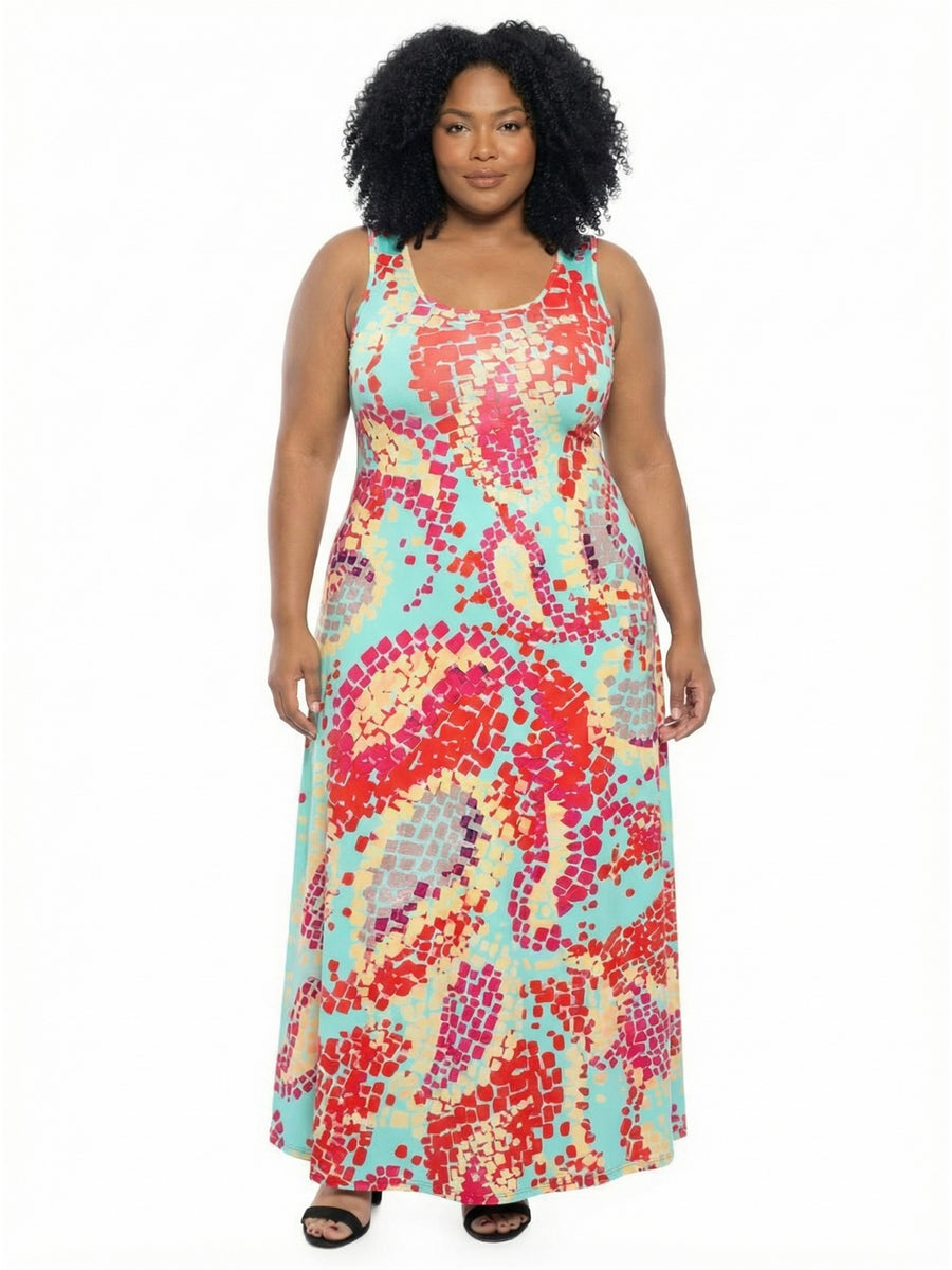 Essential Plus Size Mosaic Scoop Neck Sleeveless A Line Maxi Dress