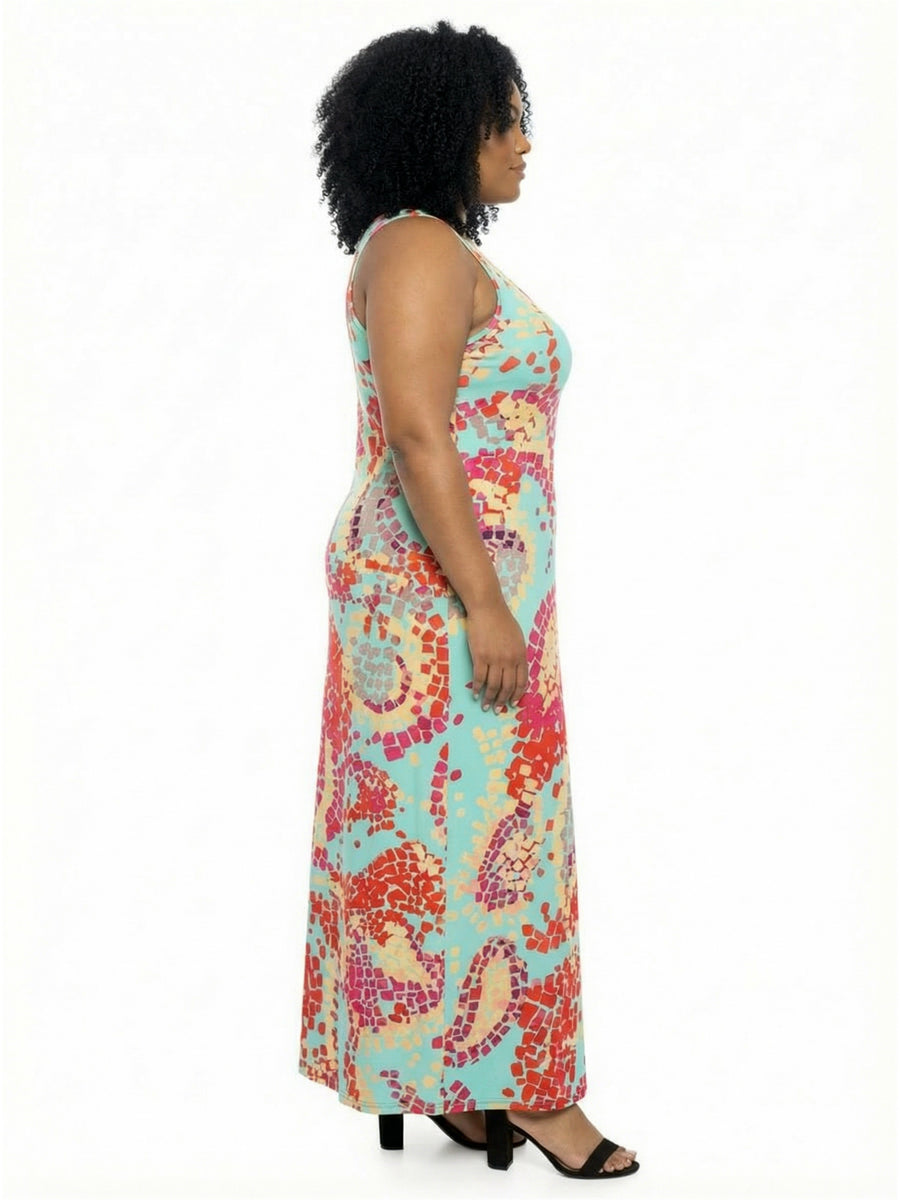 Essential Plus Size Mosaic Scoop Neck Sleeveless A Line Maxi Dress
