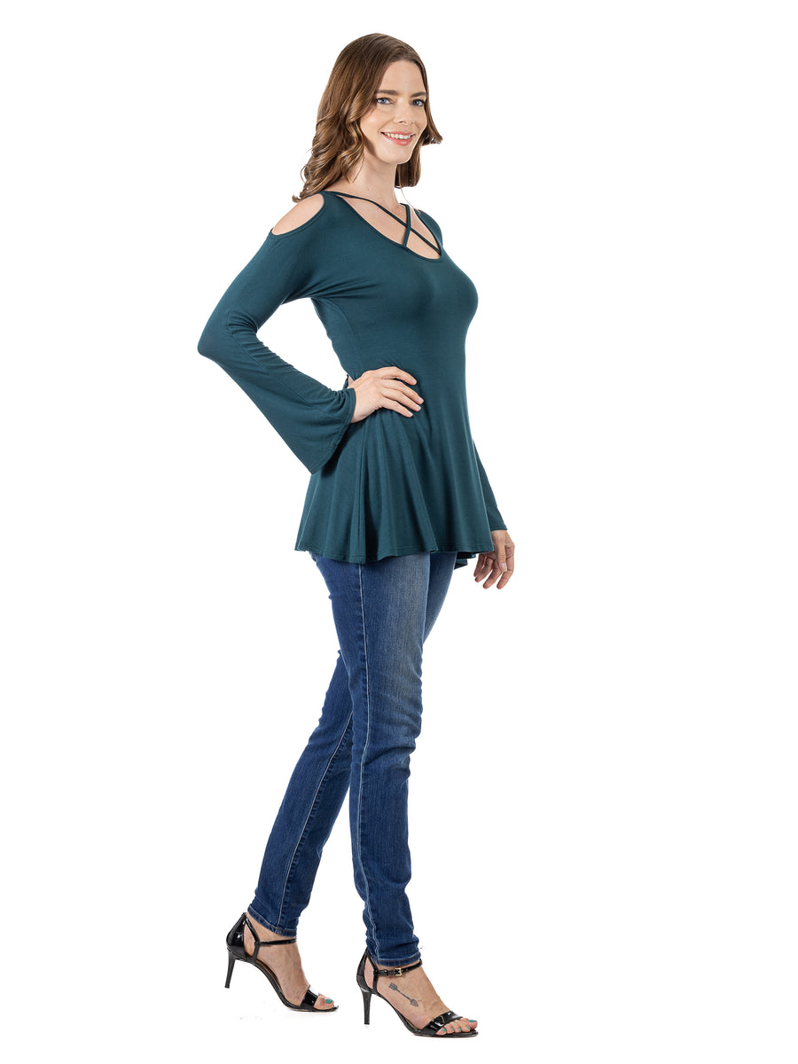 Essential Womens Criss Cross Cold Shoulder Long Sleeve Top