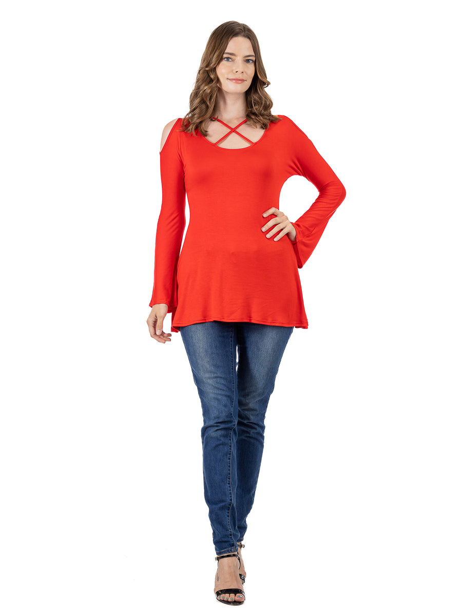 Essential Womens Criss Cross Cold Shoulder Long Sleeve Top