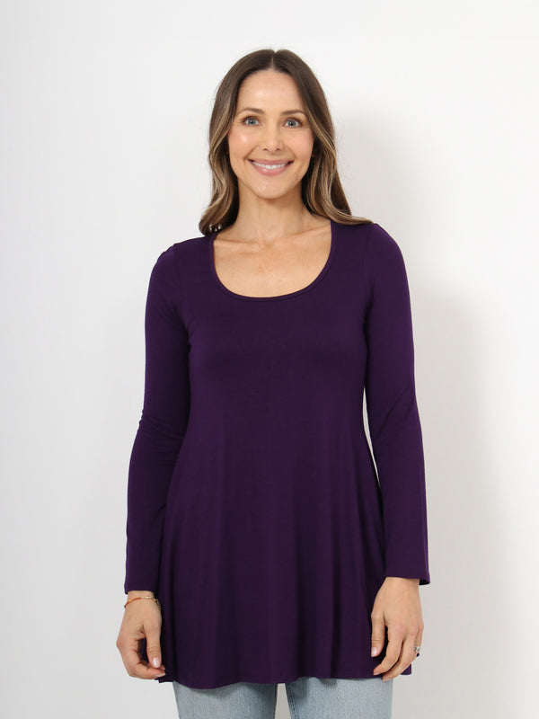 Basic Womens Long Sleeve Solid Color Swing Style Flared Tunic Top