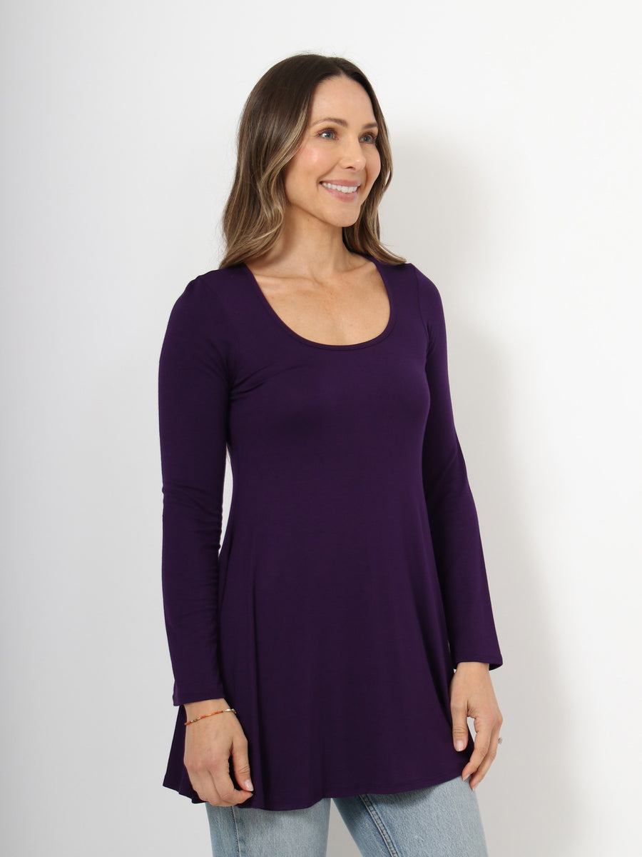 Basic Womens Long Sleeve Solid Color Swing Style Flared Tunic Top