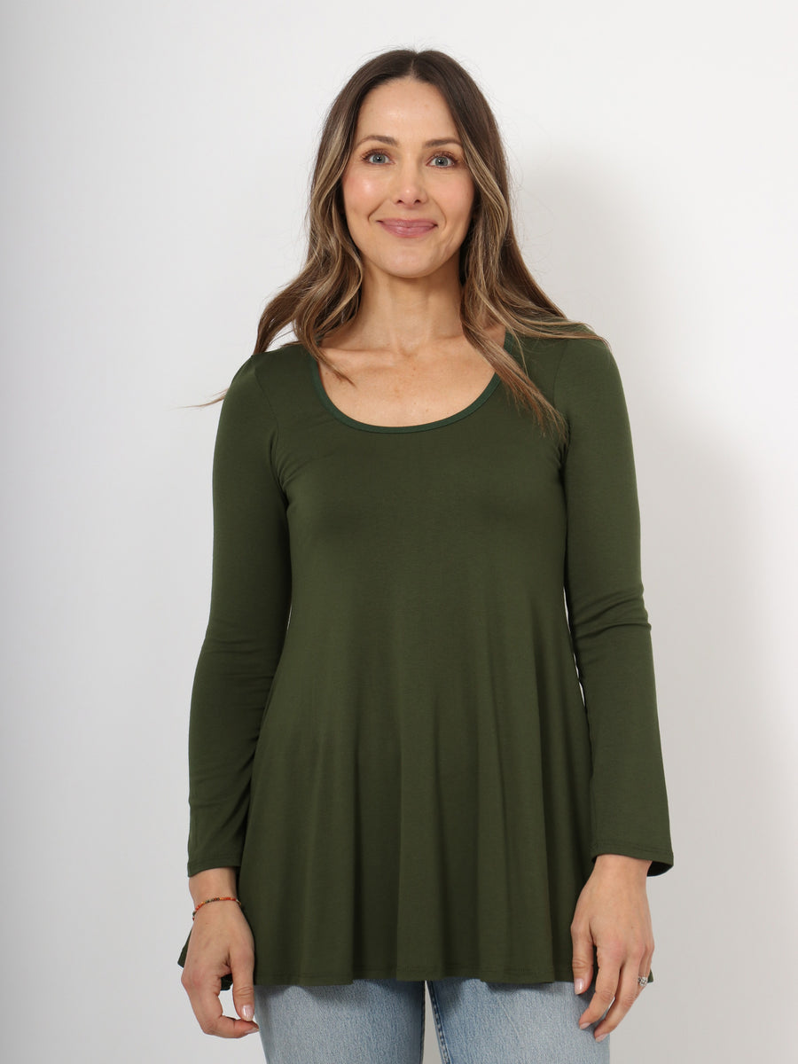 Basic Womens Long Sleeve Solid Color Swing Style Flared Tunic Top