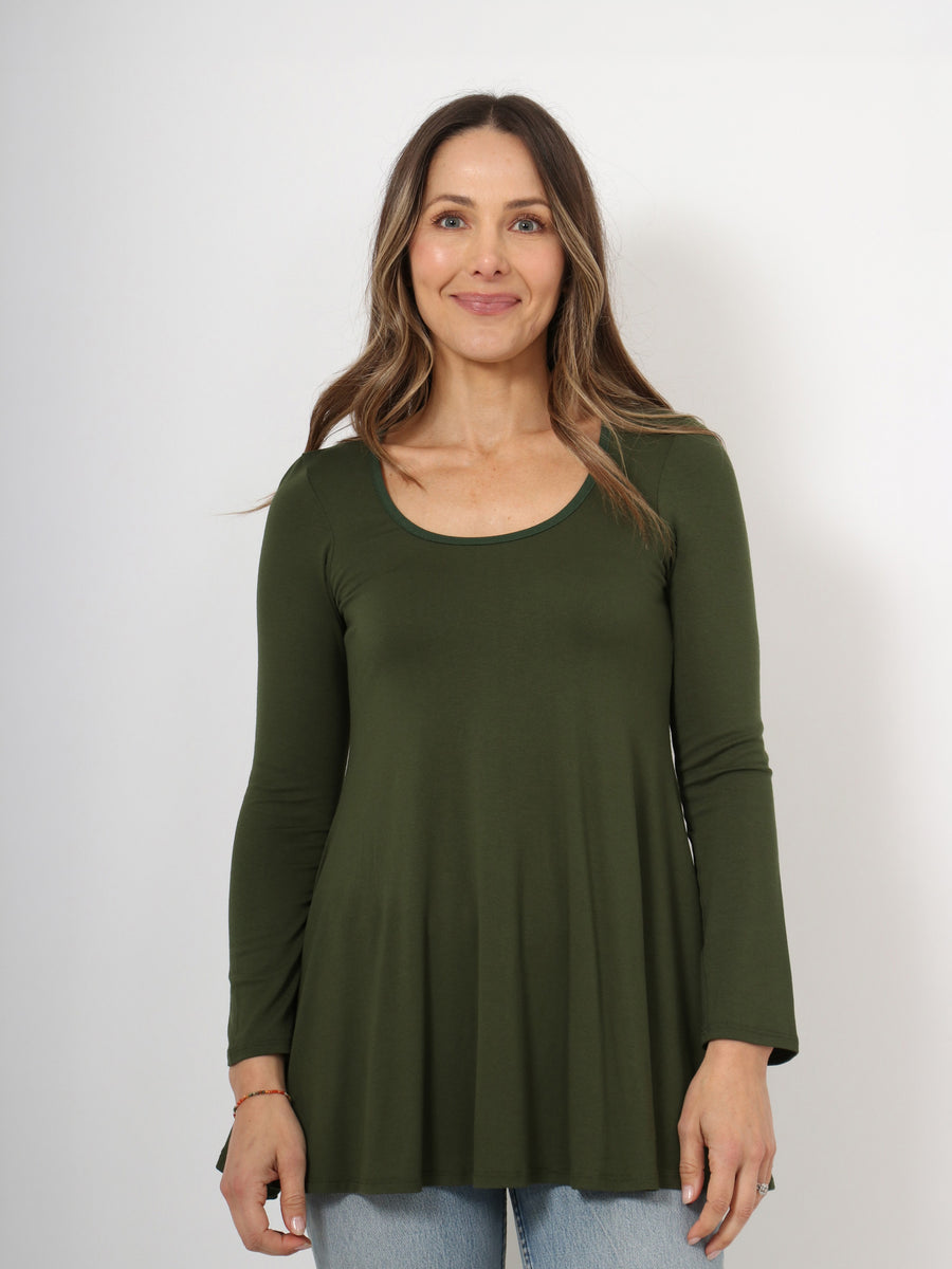 Basic Womens Long Sleeve Solid Color Swing Style Flared Tunic Top