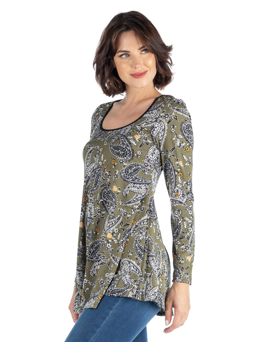 Essential Womens Army Green Paisley Long Sleeve Tunic Top