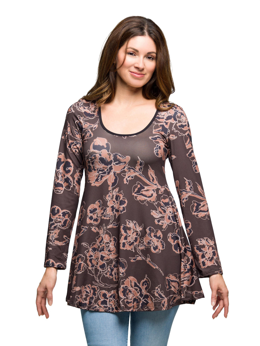 Essential Womens Brown Floral Print Long Sleeve Tunic Top